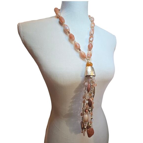 Chico's Statement Necklace Long Tassel Pendant Gold Tone Mixed Bead Peach Coral - Picture 2 of 12